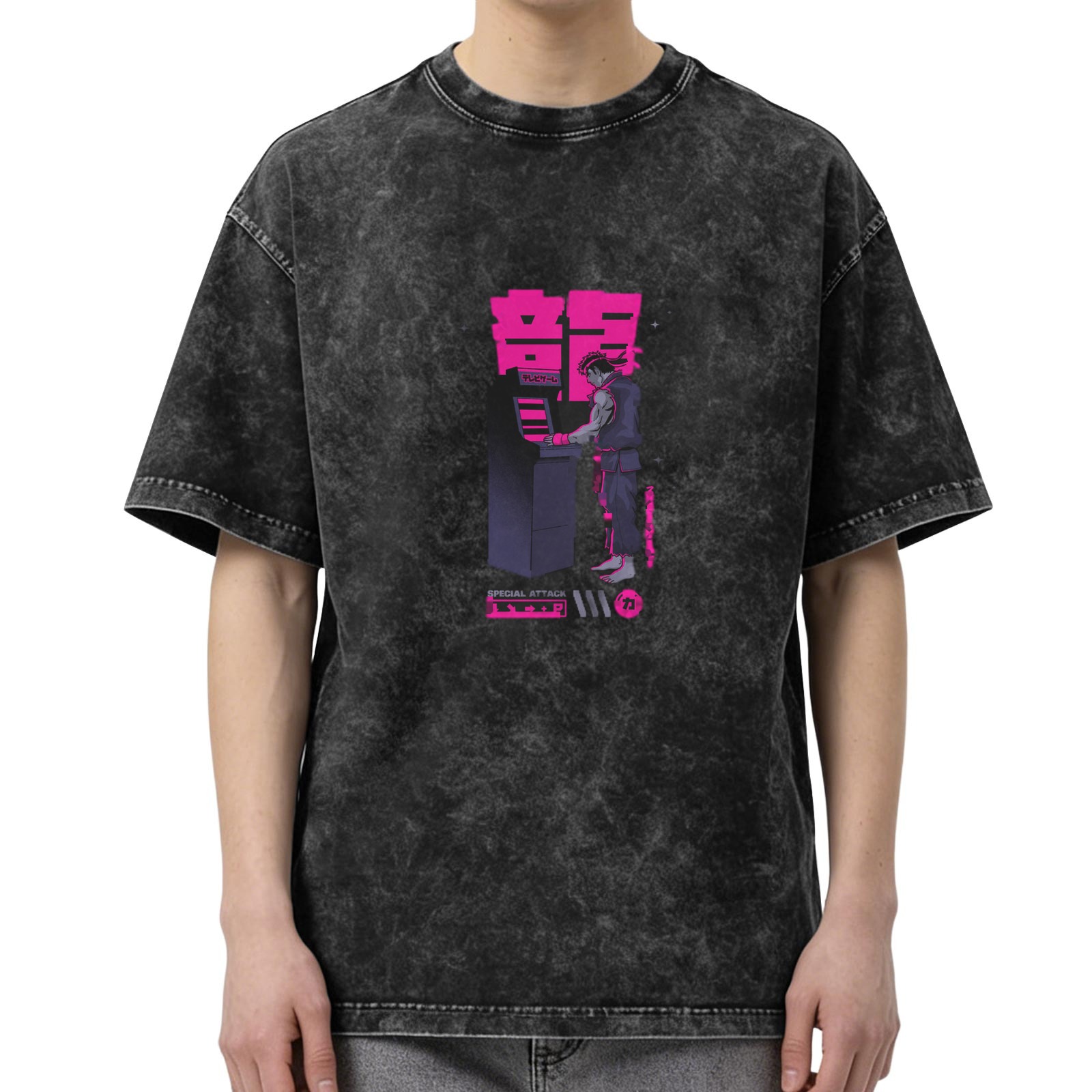 Oversized Acid Wash T-Shirt With Cyberpunk Arcade Fighter Graphic