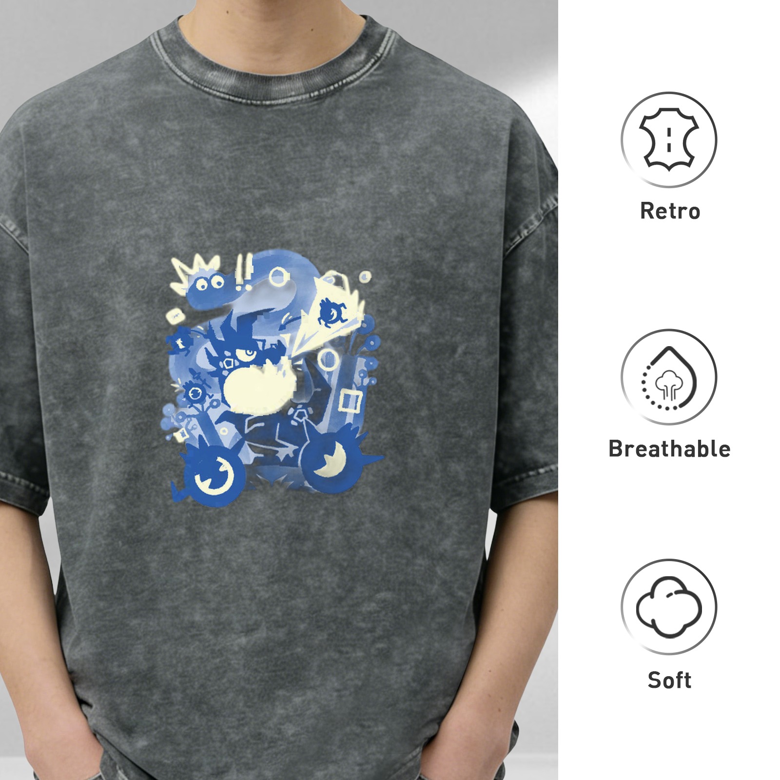 Oversized Washed Black T-Shirt With Blue Whimsical Graphic Print