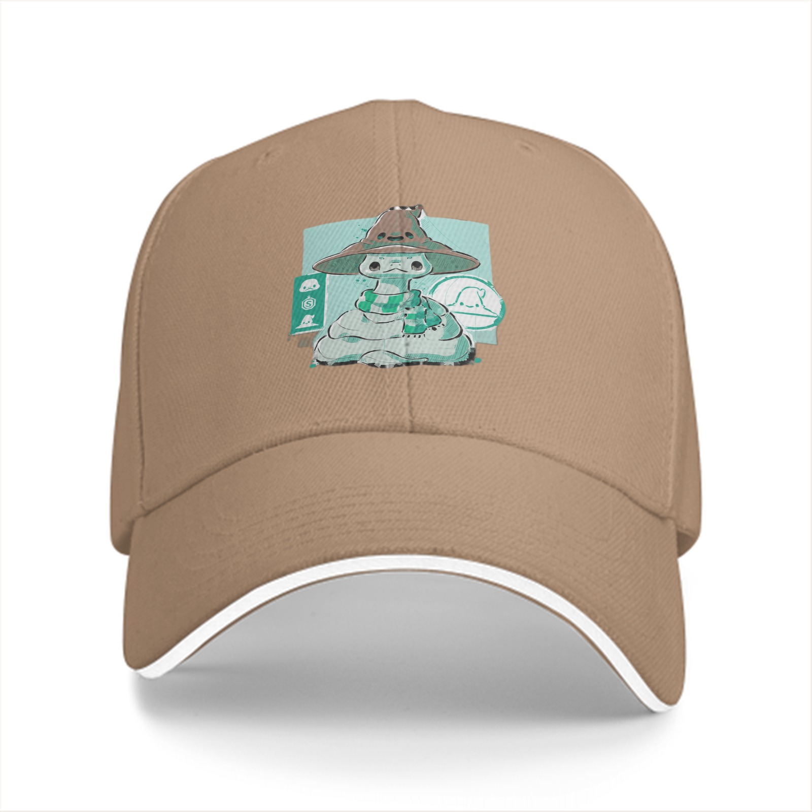 Black Baseball Cap With Cute Witch Snake Character Graphic