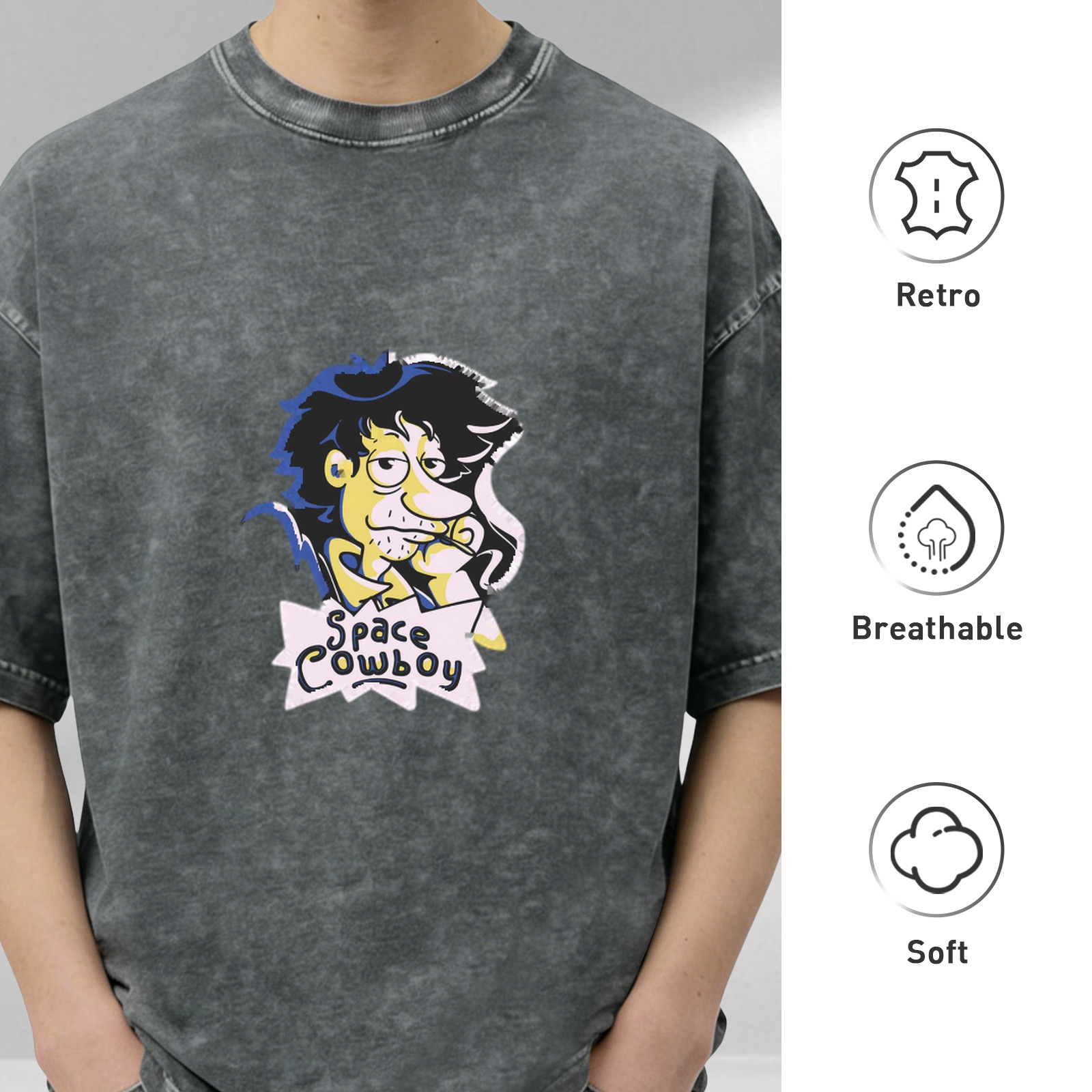 Washed Black T-Shirt with Space Cowboy Cartoon Graphic Print
