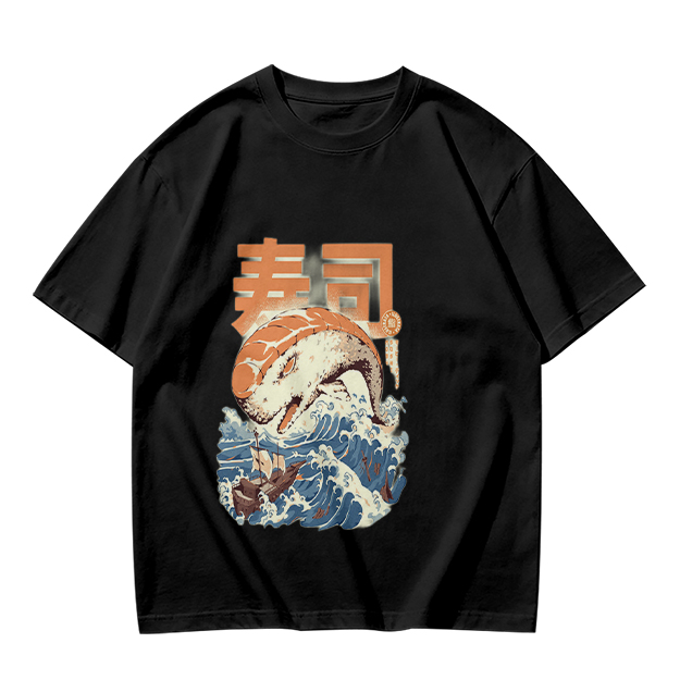 Olive t-shirt with sushi monster and great wave graphic
