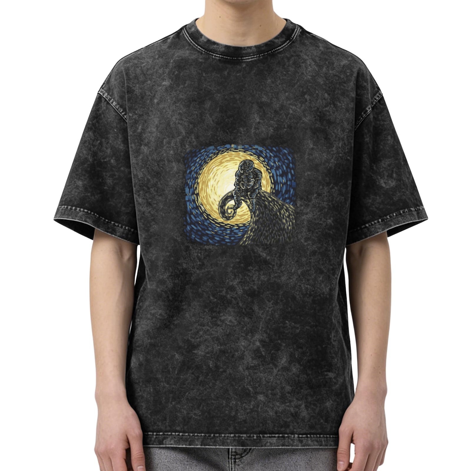 Washed Black Oversized T-Shirt with Ram and Starry Night Style Graphic