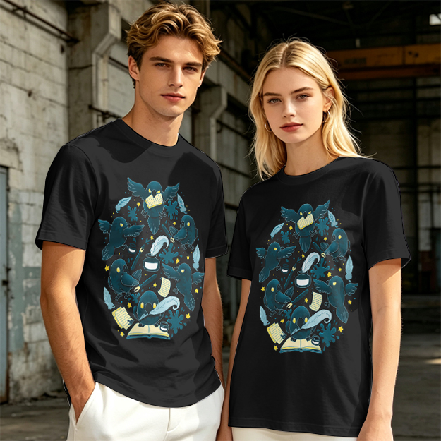 Olive T-Shirt With Whimsical Crow And Stationery Print