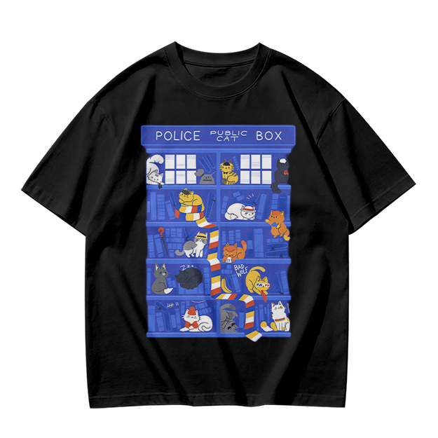 Olive T-Shirt with Police Box and Playful Cats Graphic