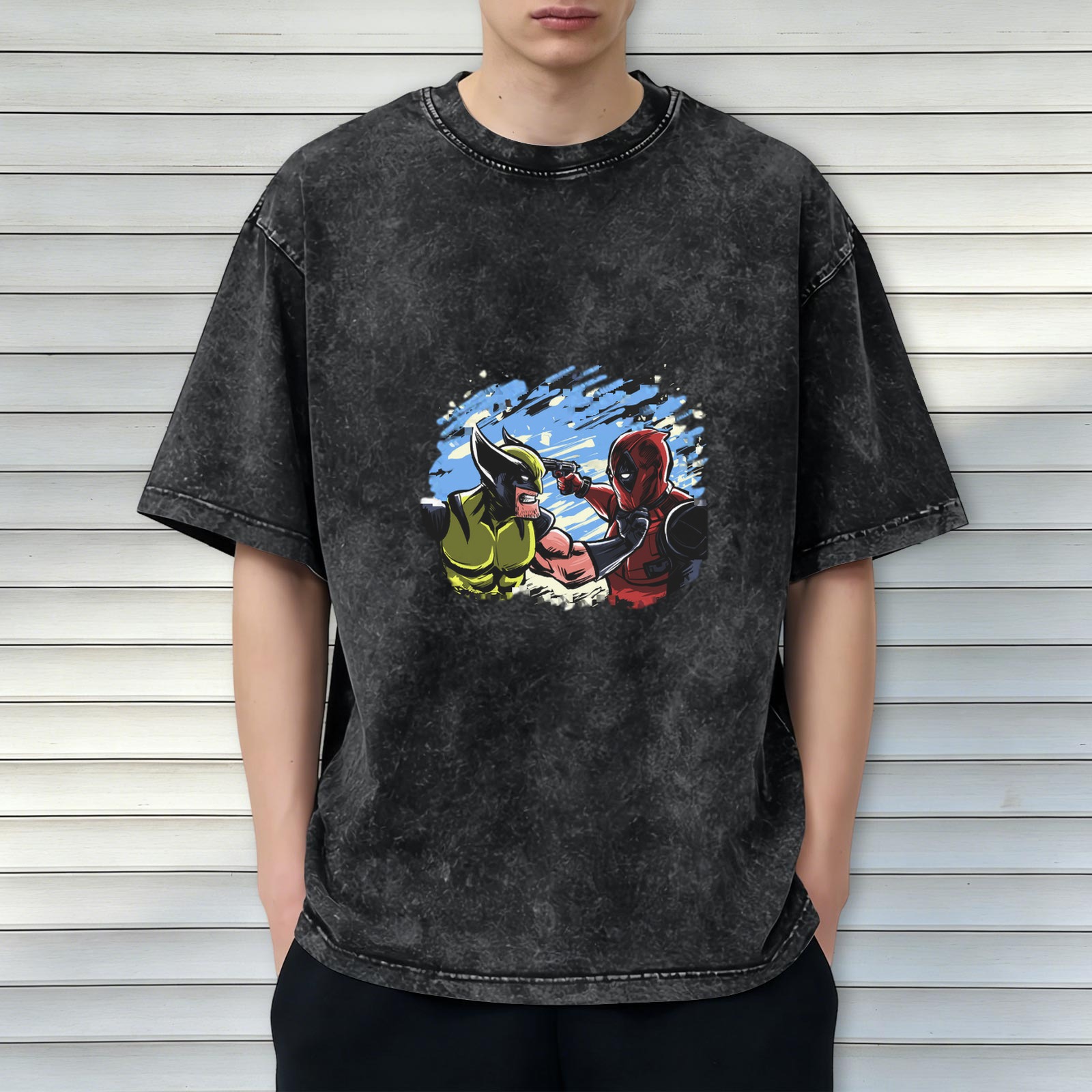 Wolverine and Deadpool Graphic Print Dark Wash T-Shirt