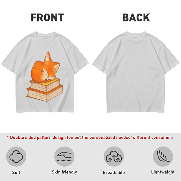Olive T-Shirt With Sleeping Fox On Stacked Books Print