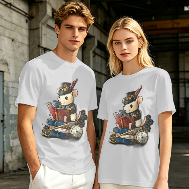 Steampunk mouse reading book graphic olive green t-shirt