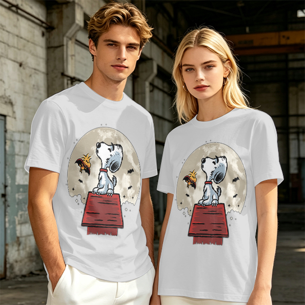 Snoopy and Woodstock on Doghouse Under Full Moon T-Shirt