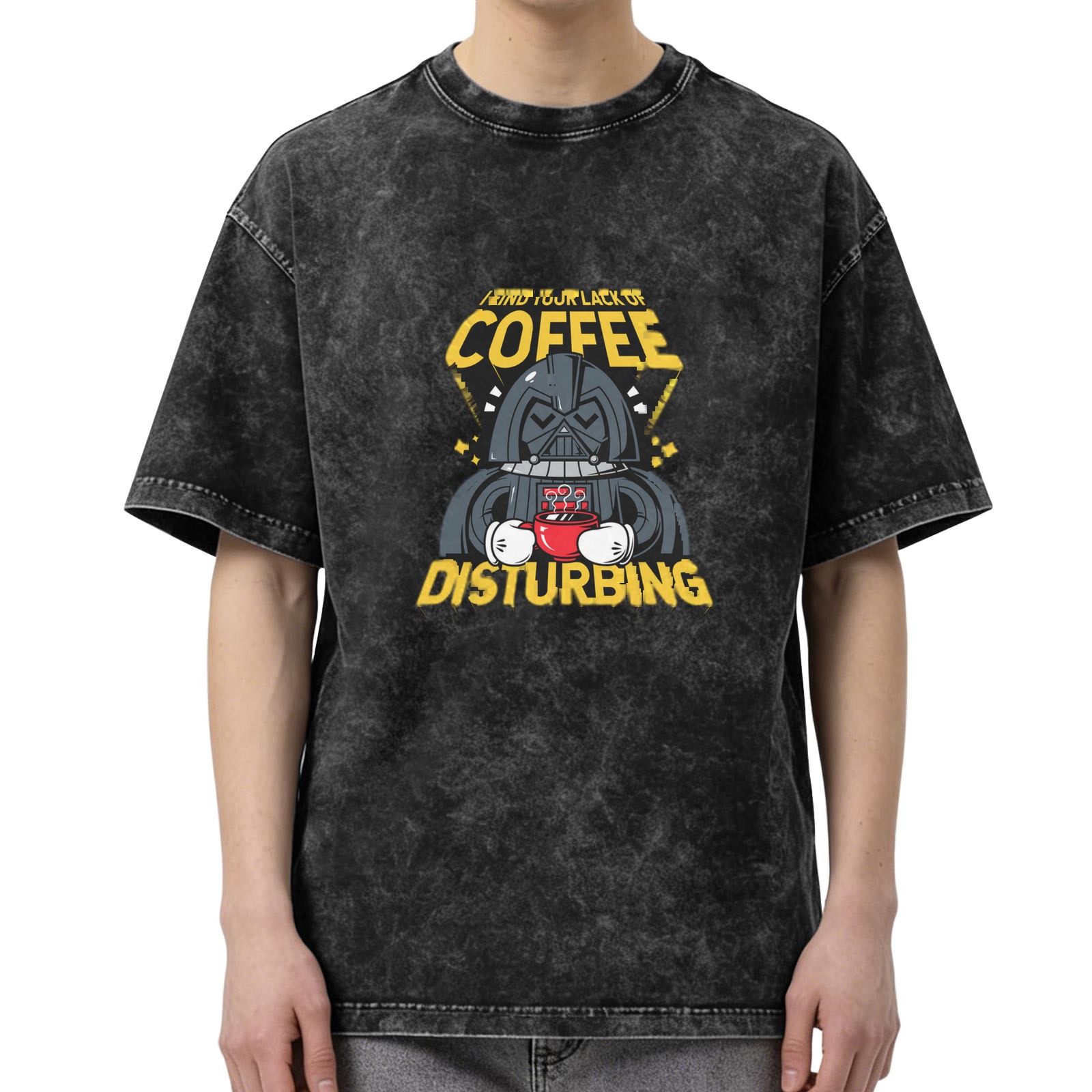 Washed Black T-Shirt with Funny Darth Vader Coffee Disturbing Graphic