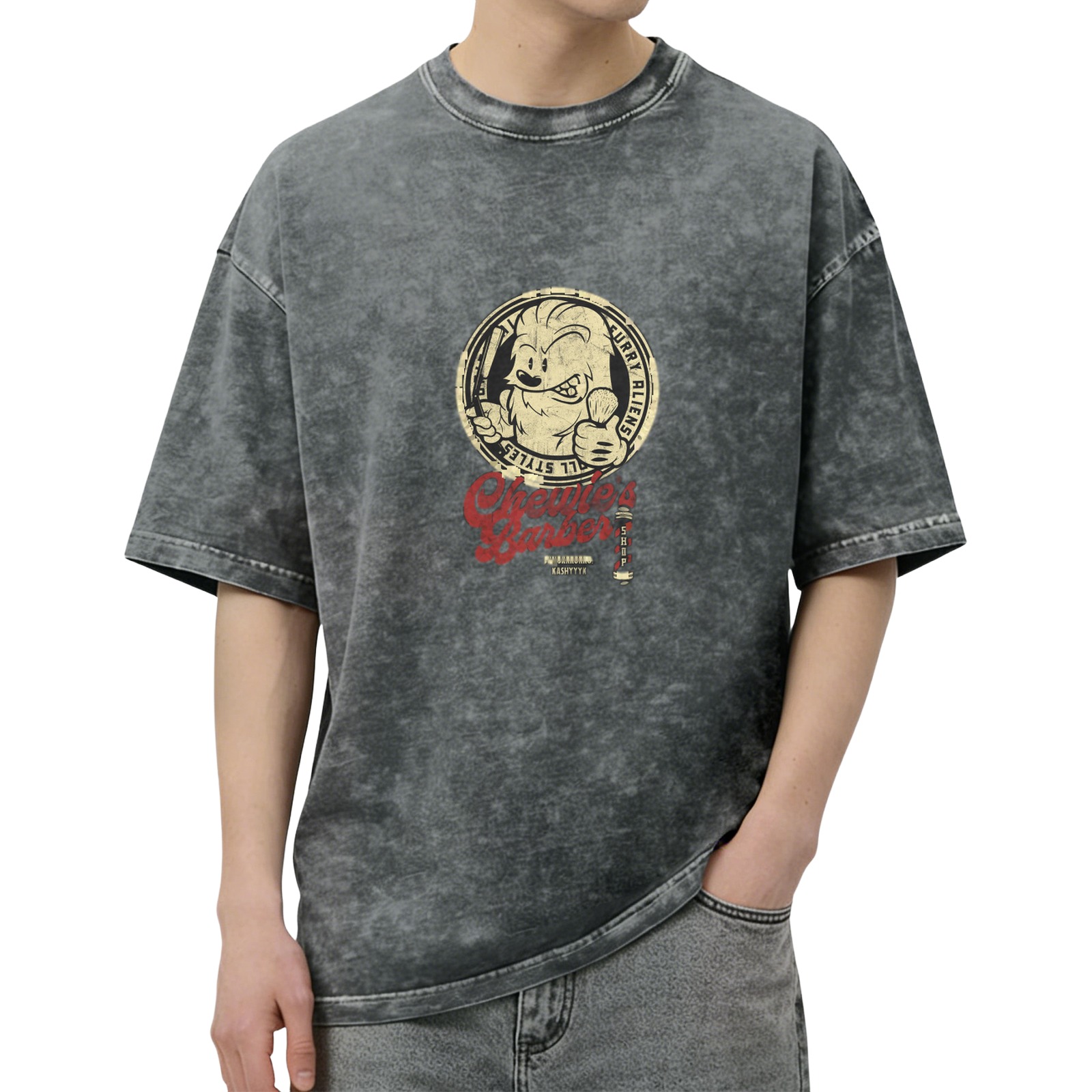 Oversized Acid Wash T-Shirt With Chewie's Barber Graphic Print