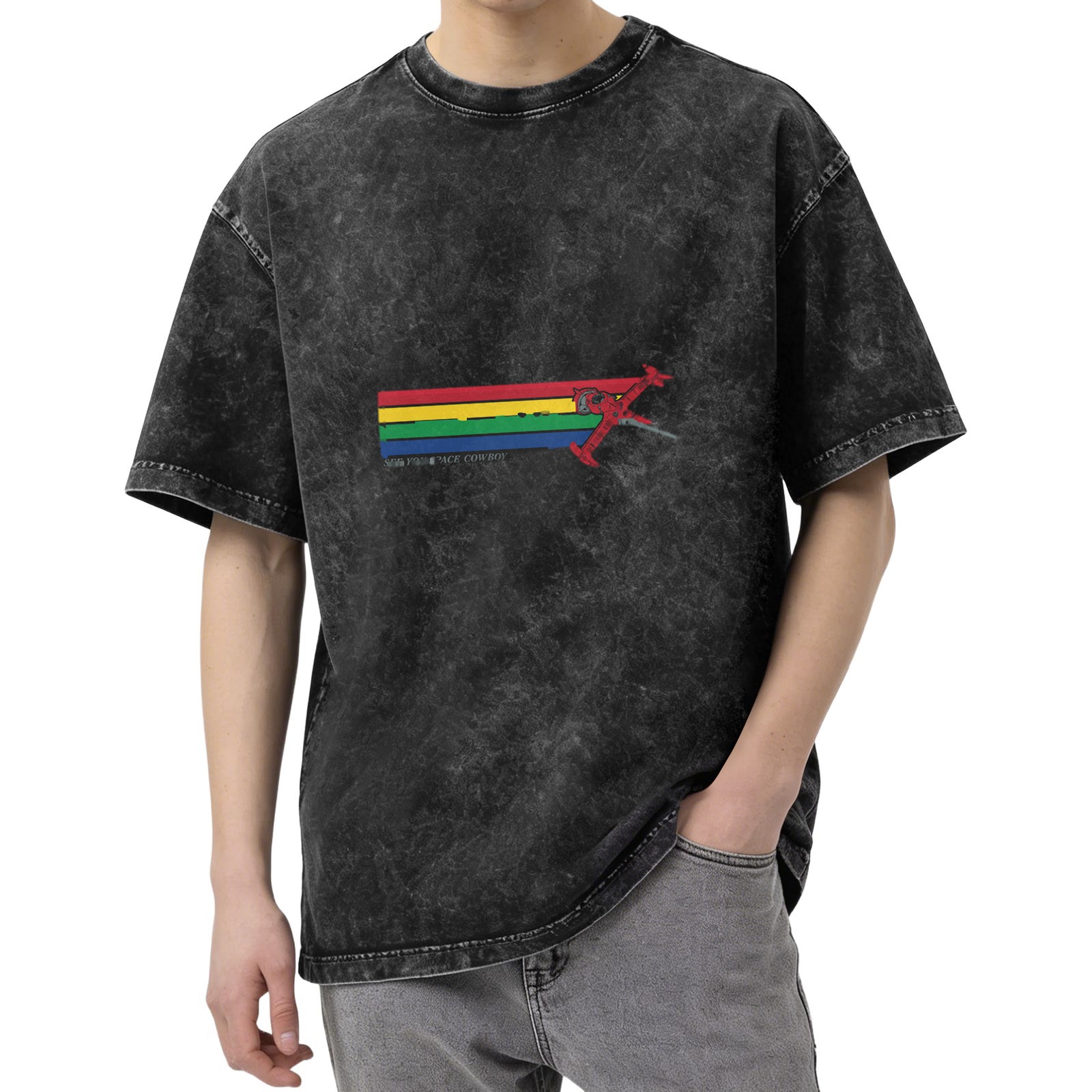 Washed Black Oversized T-Shirt With Rainbow Stripe And Red Spaceship Print
