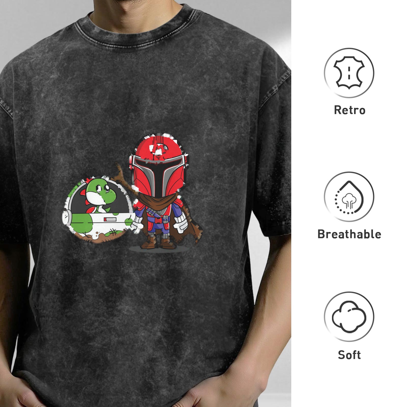 Retro washed black short-sleeved T-shirt, cartoon and anime co-branded print, loose casual top