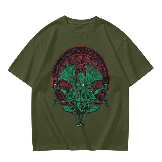 Olive Green Cthulhu Occult Seal Graphic T-Shirt