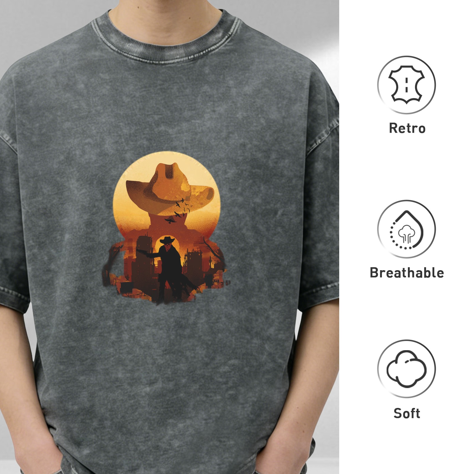 Washed Black Western Cowboy Graphic Short Sleeve T-Shirt