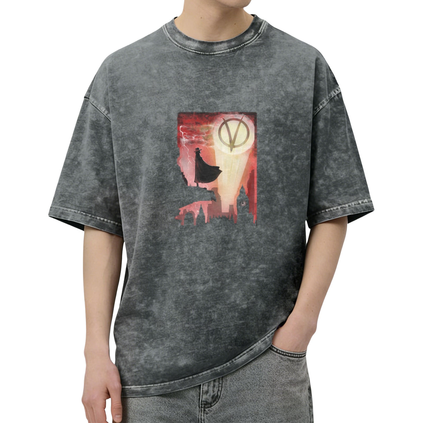 V for Vendetta themed graphic washed black short sleeve t-shirt