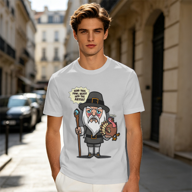 Wizard Pilgrim Holding Turkey Funny Thanksgiving T-Shirt Design