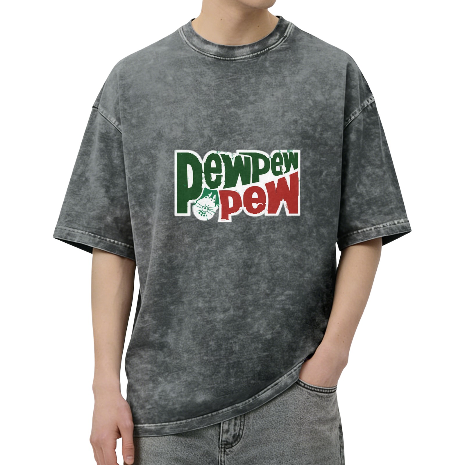 Distressed washed black loose short-sleeved T-shirt Fun Pew Pew Pew printed crew neck top