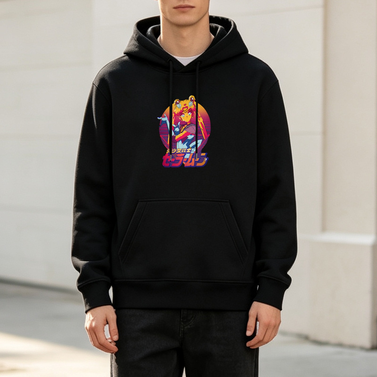 Black hoodie with retro anime character graphic print