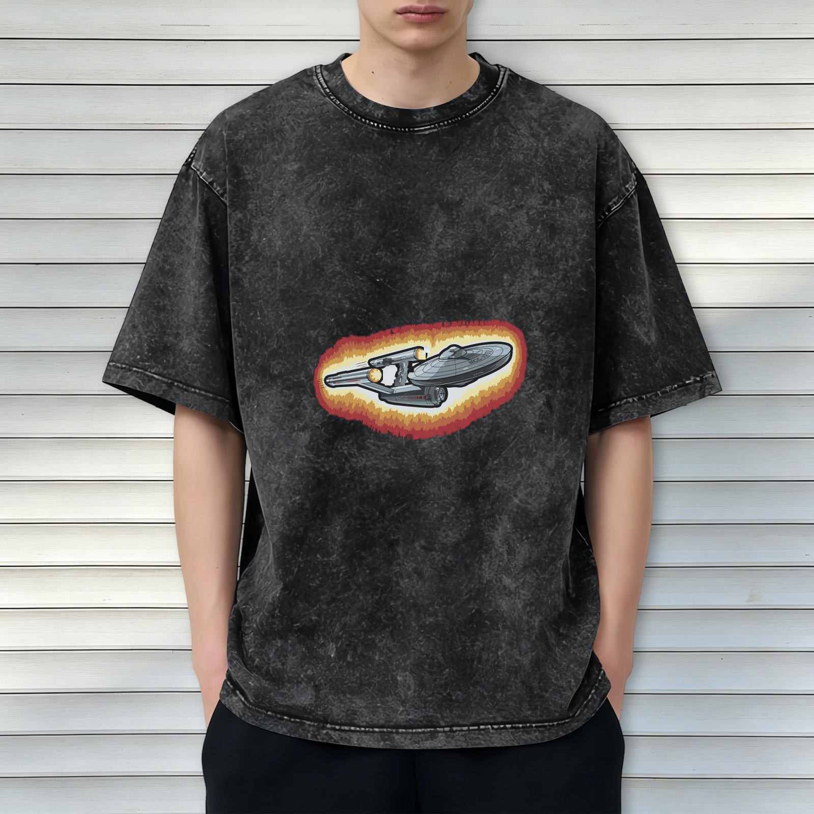 Washed Black T-Shirt with Star Trek Starship Graphic