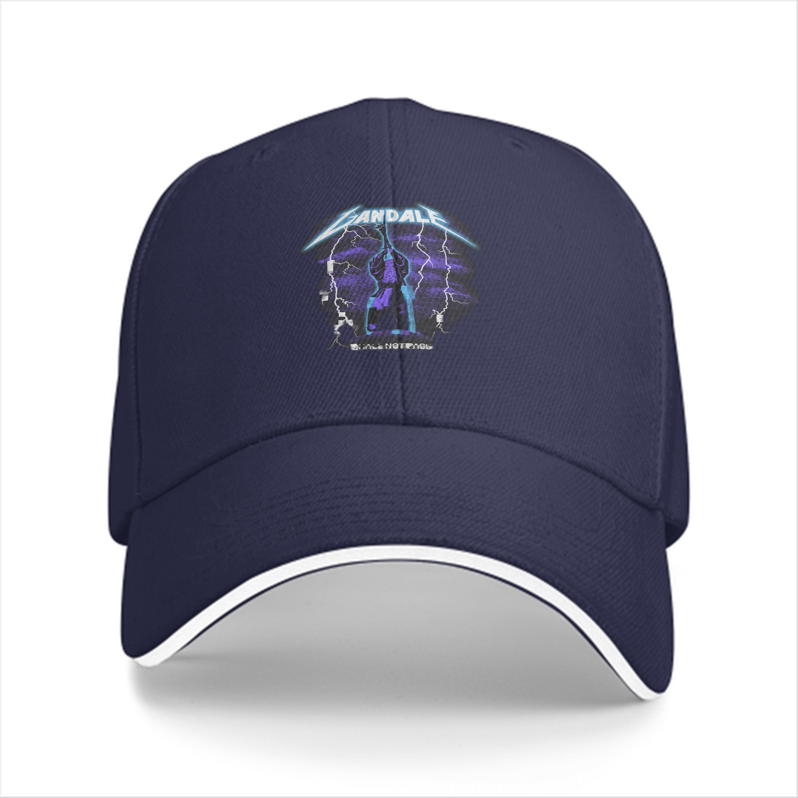 Black baseball cap with lightning graphic and text print