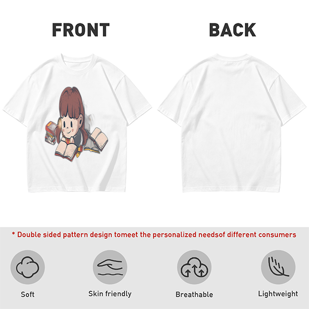 Olive T-shirt with Charming Girl Reading Books Graphic