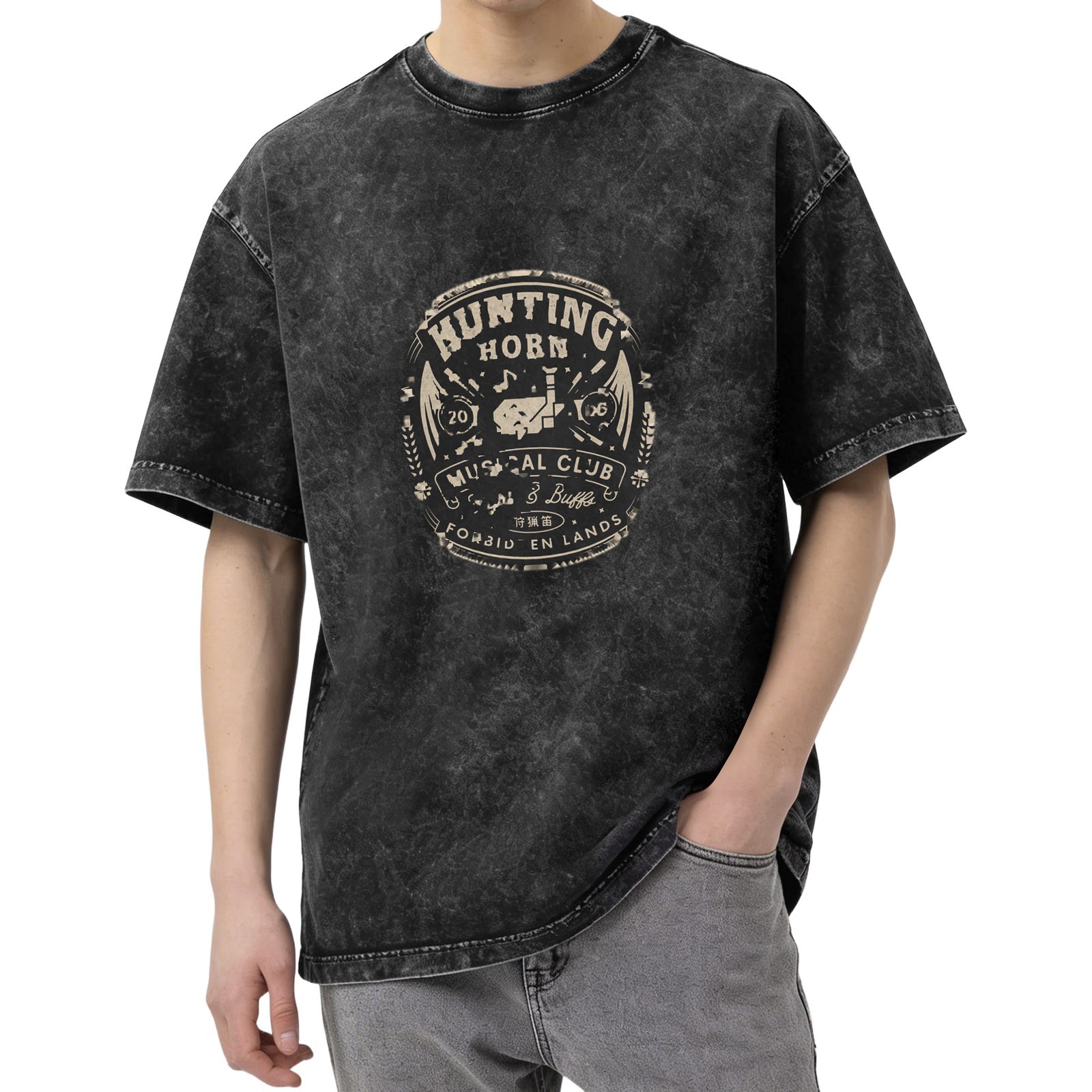 Washed Black Graphic T-Shirt with Hunting Horn Musical Club Print