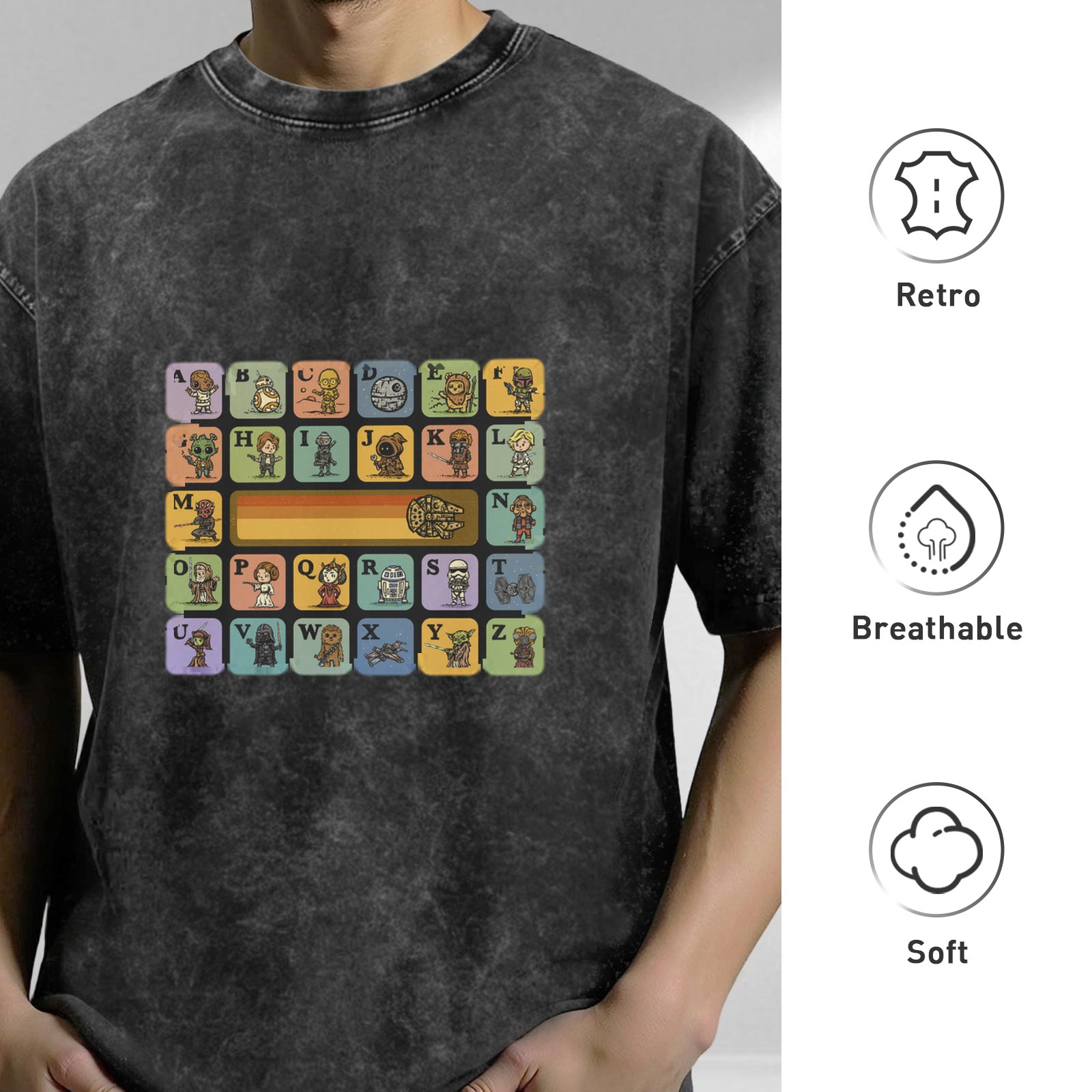 Star Wars Alphabet Characters Graphic Acid Wash T-Shirt