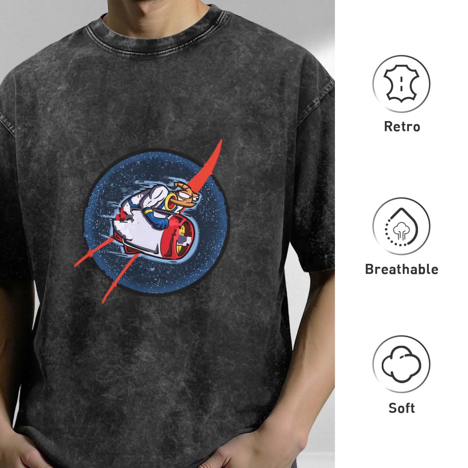 Oversized Acid Wash T-Shirt With Retro Space Duck Graphic Print