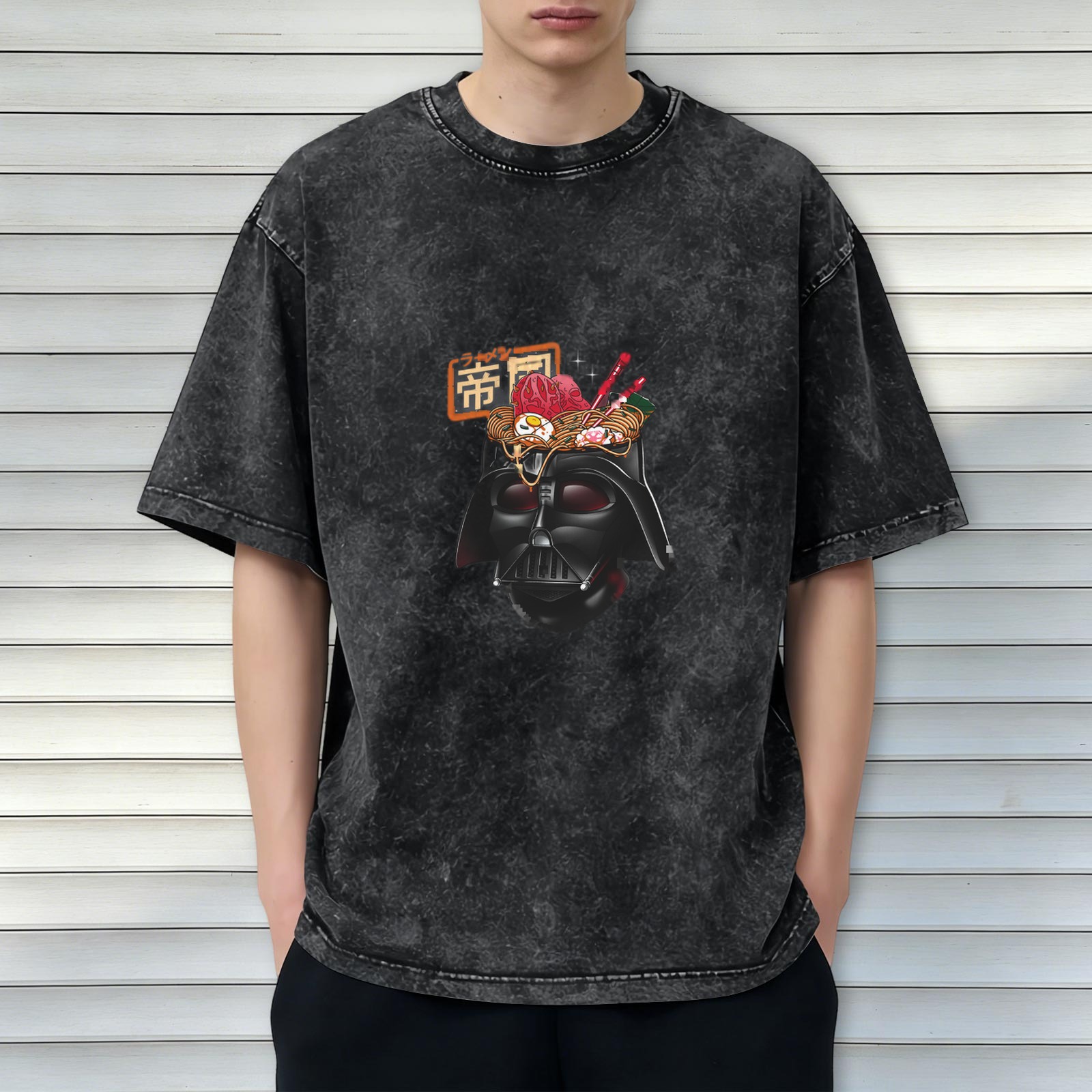 Washed Black T-Shirt With Darth Vader Ramen Graphic Print