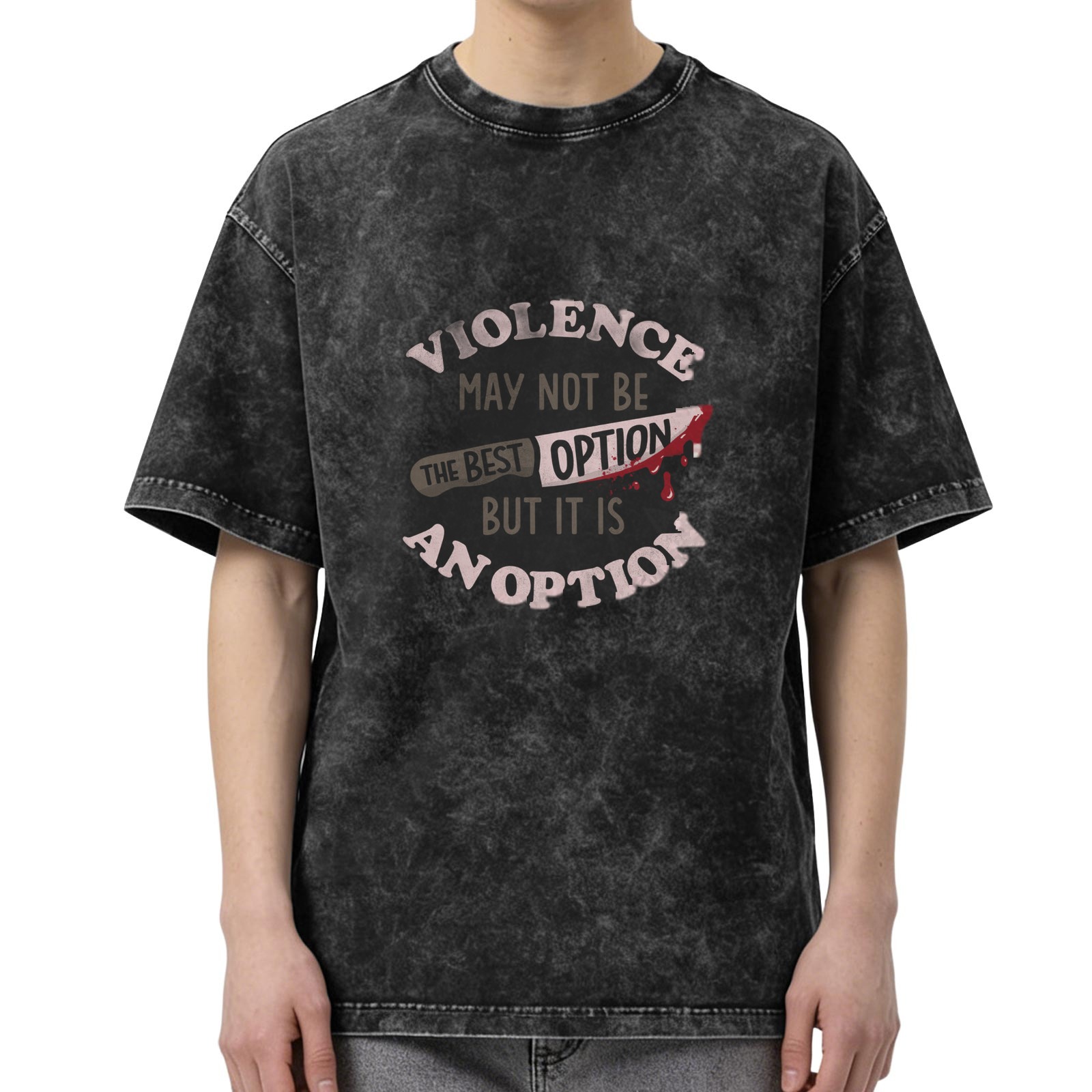 Oversized acid wash graphic tee with violence is an option print