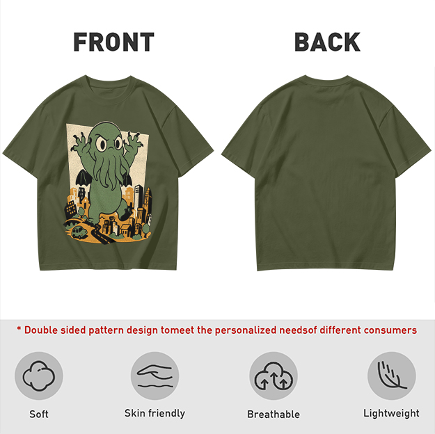 Olive T-shirt with cartoon Cthulhu monster destroying cityscape print