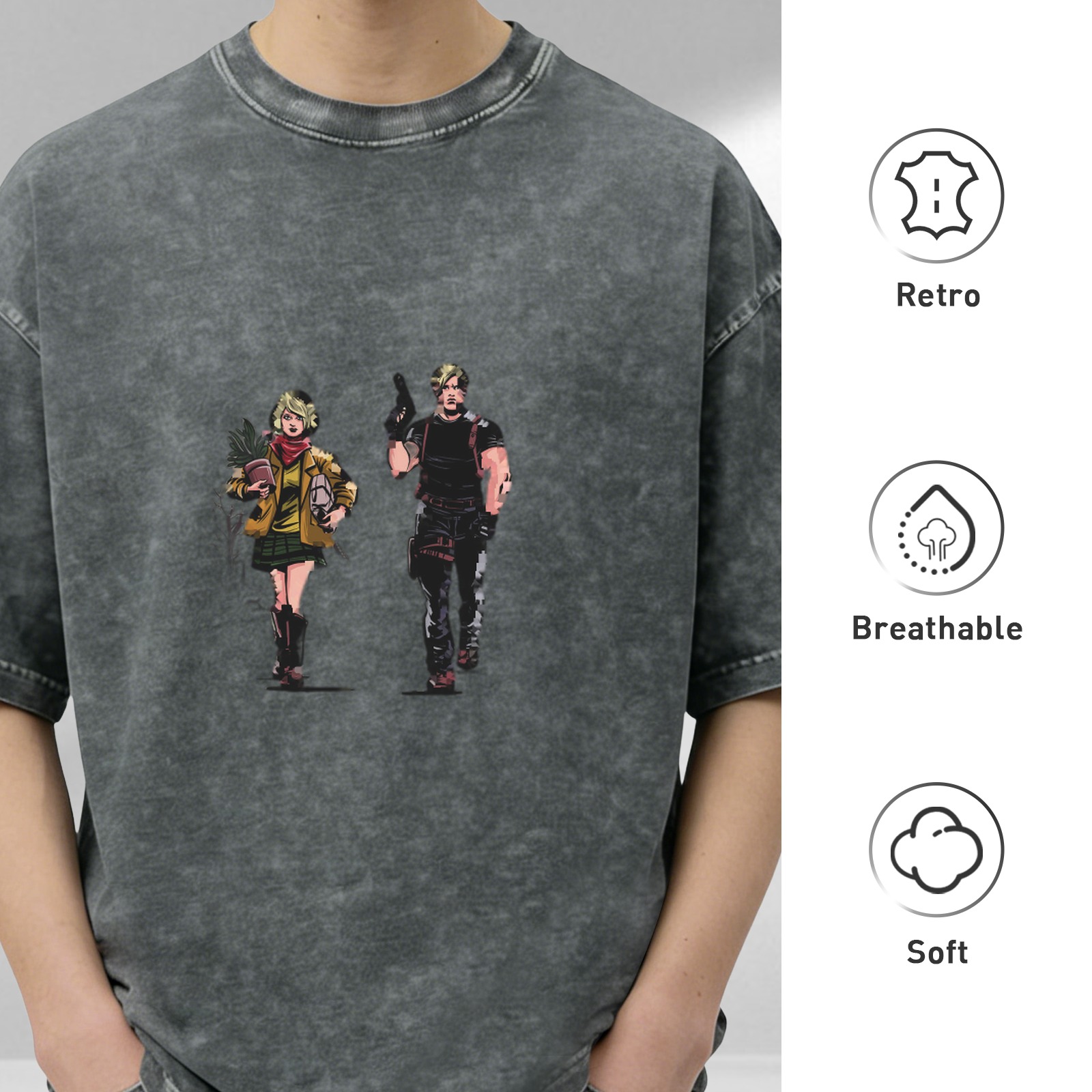 Oversized Dark Wash T-Shirt With Two Character Graphic Print