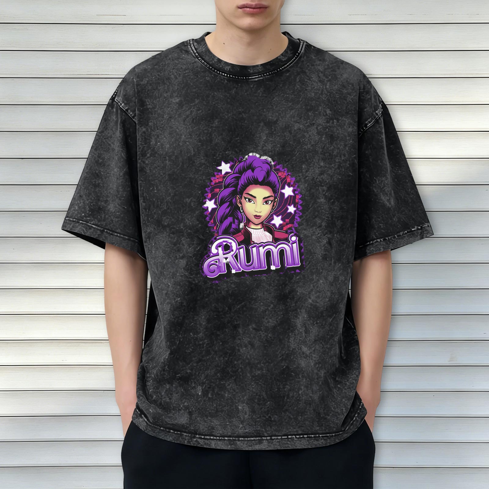 Oversized Black Acid Wash T-Shirt With Rumi Graphic Print