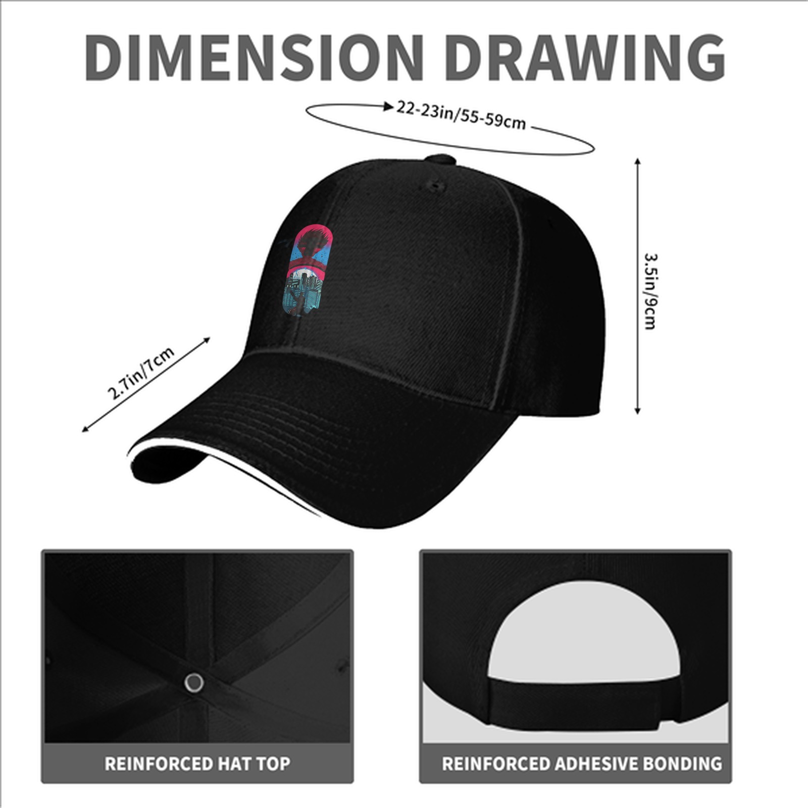 Black Baseball Cap With Cyberpunk City Silhouette Graphic