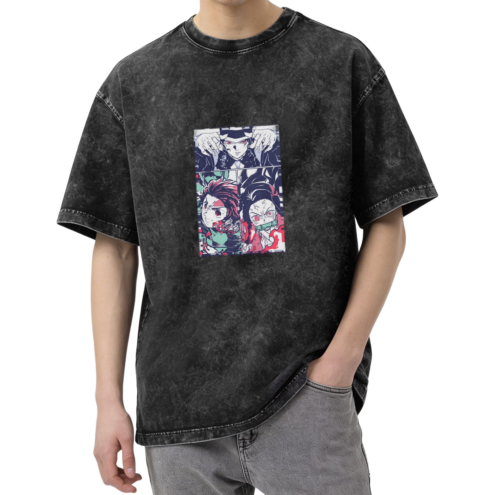 Demon Slayer themed distressed washed black short-sleeved T-shirt