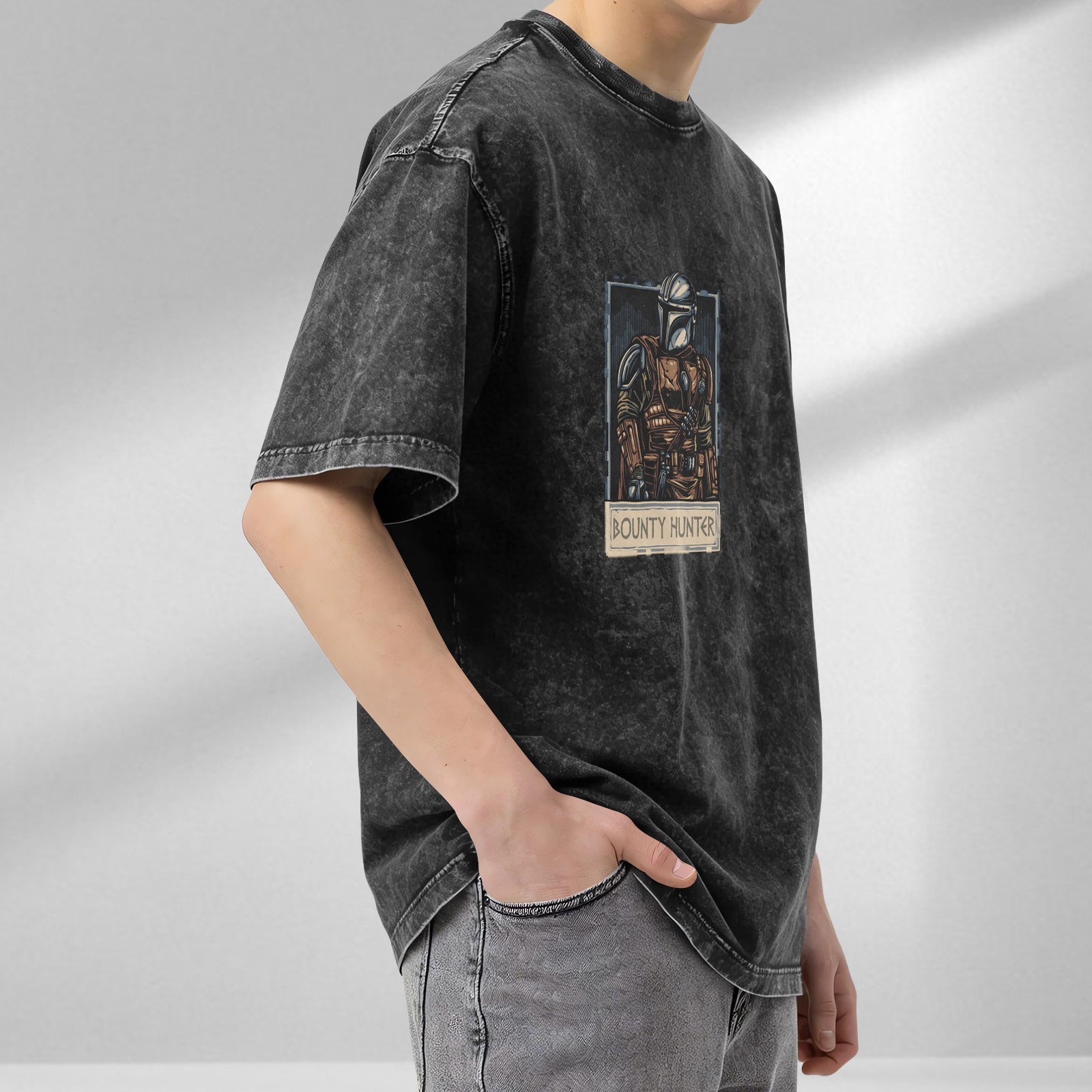 Washed Black T-Shirt With Mandalorian Bounty Hunter Print