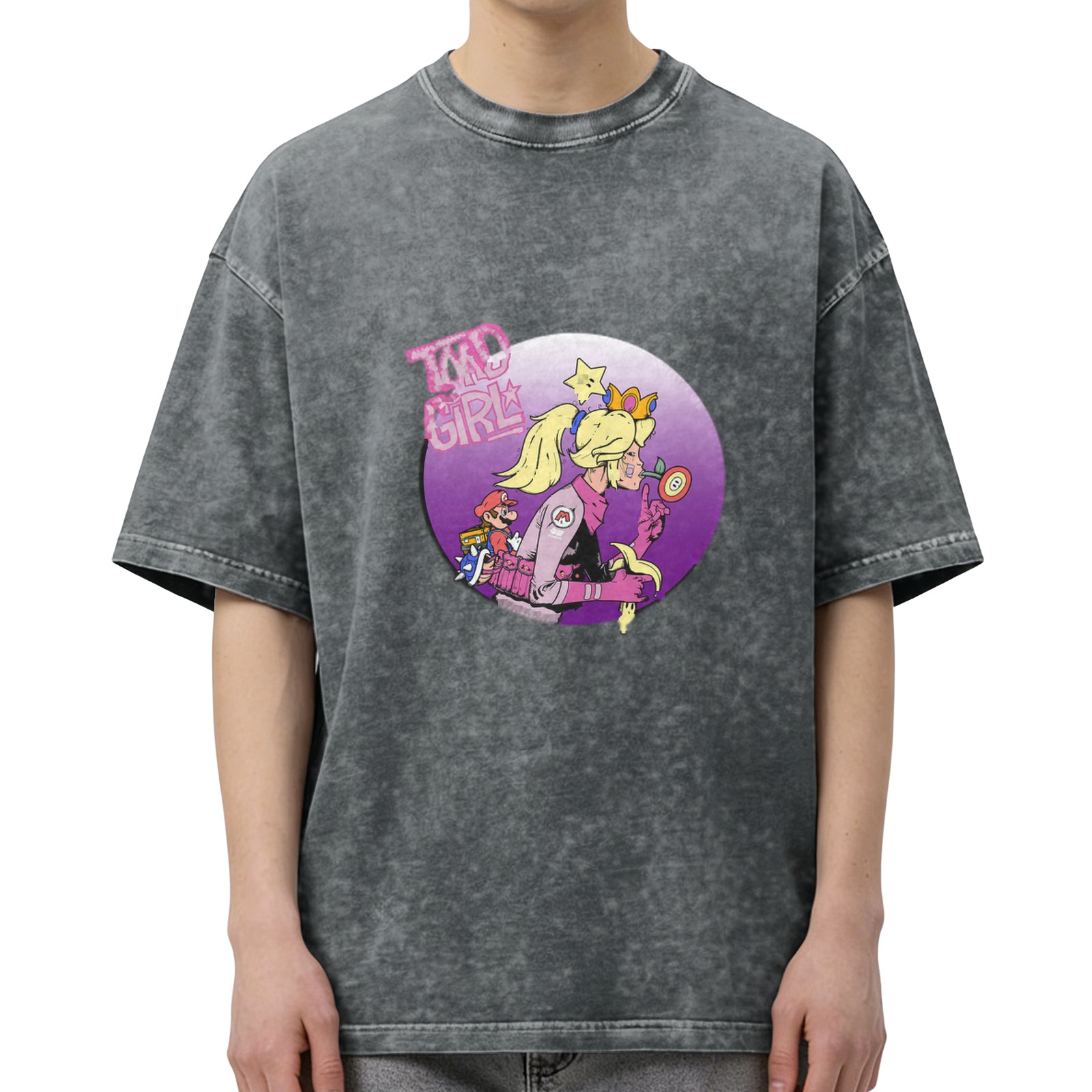 acid wash t-shirt with mario kart princess peach graphic