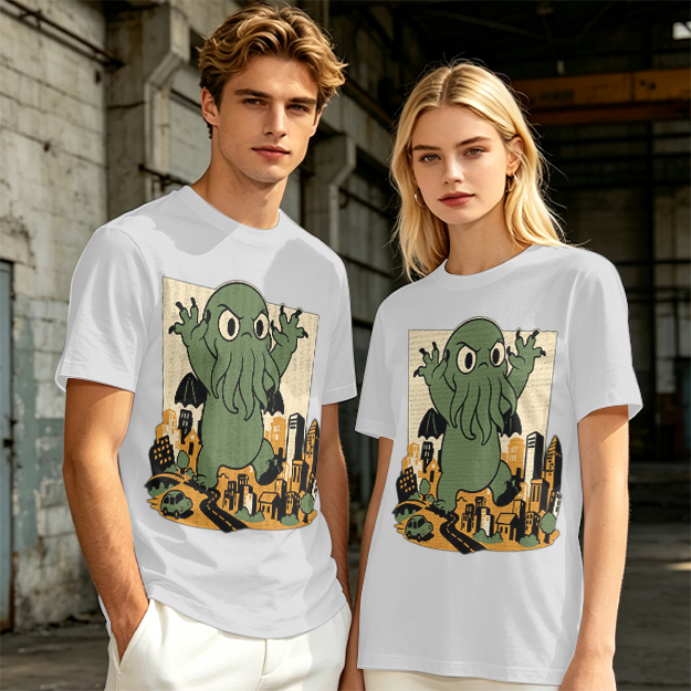 Olive T-shirt with cartoon Cthulhu monster destroying cityscape print