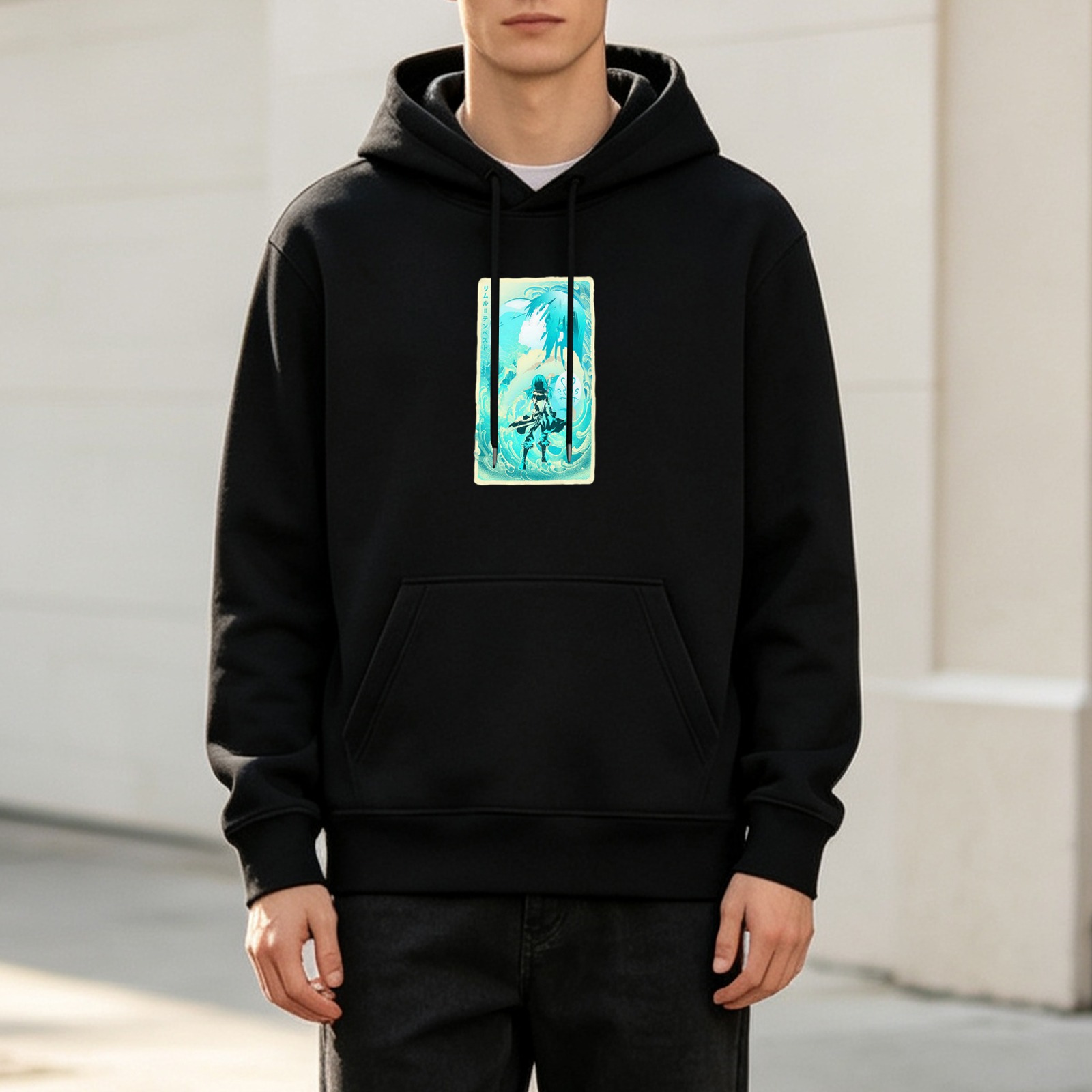 Black Hoodie With Turquoise Anime Character Graphic Print