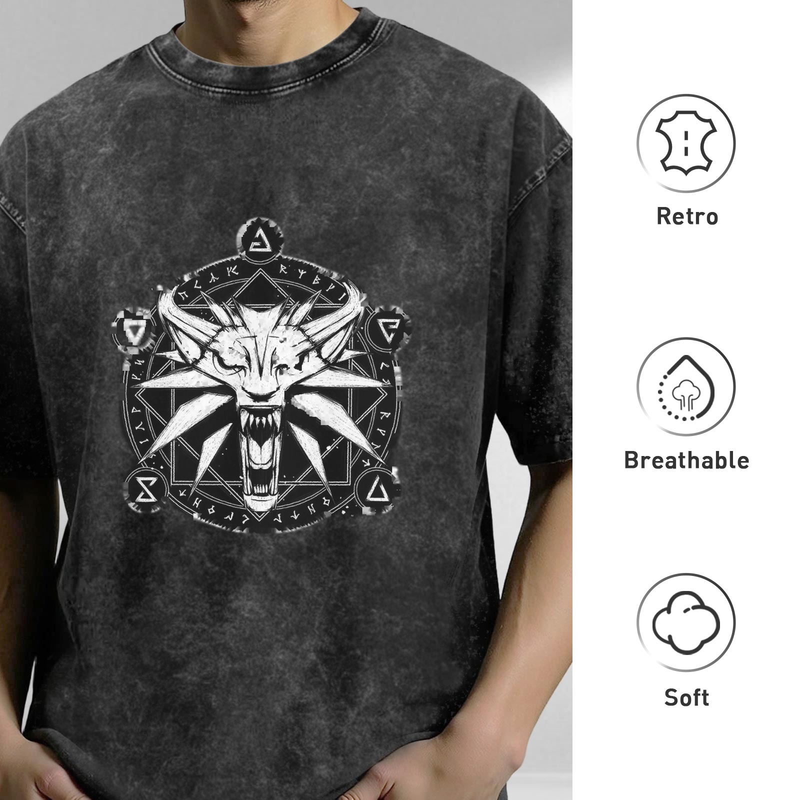 The Witcher Wolf Medallion Acid Wash Oversized T-Shirt