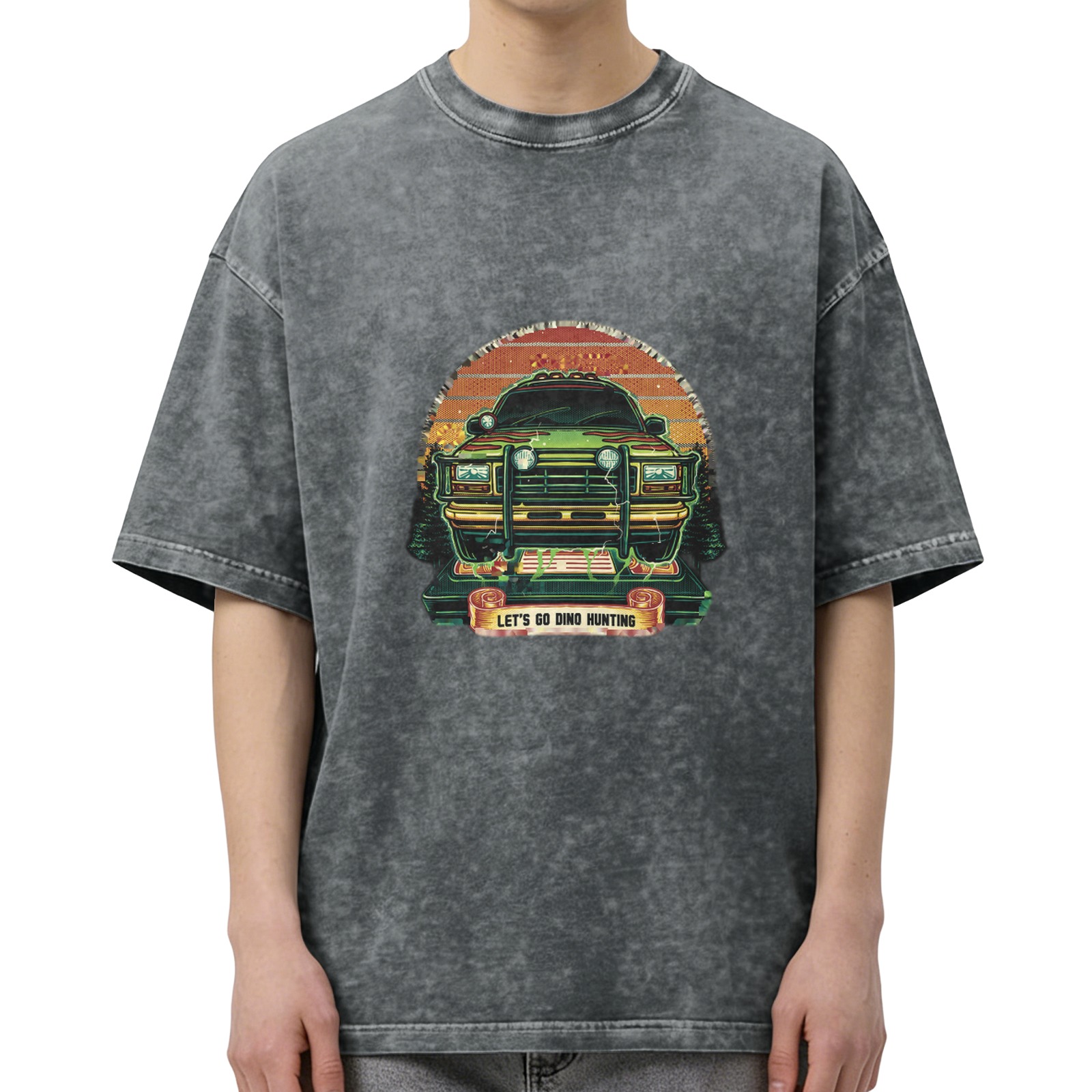 Washed Black T-Shirt with Let's Go Dino Hunting Jurassic Park Style Graphic
