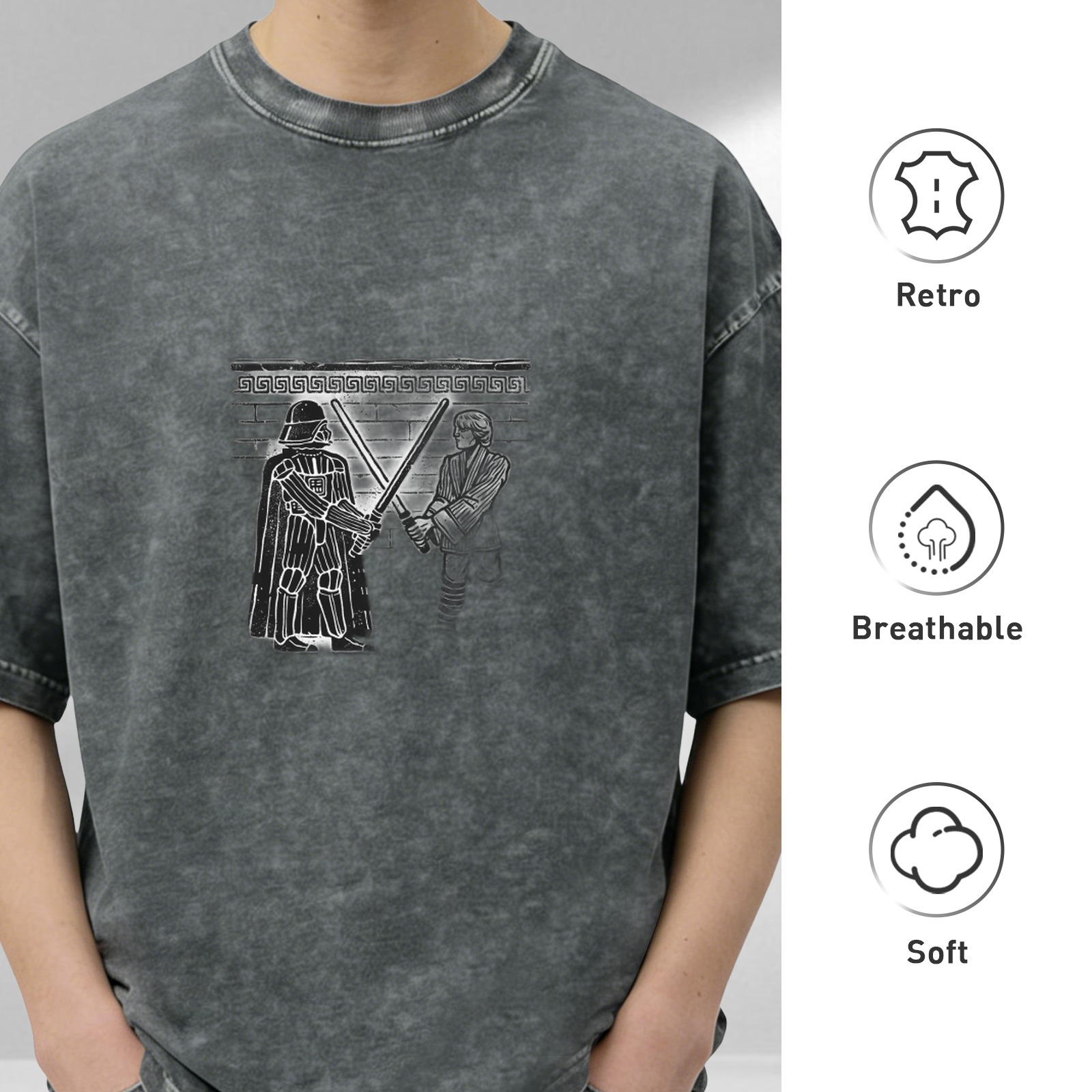 Washed Cotton T-Shirt with Darth Vader vs Luke Lightsaber Duel Art