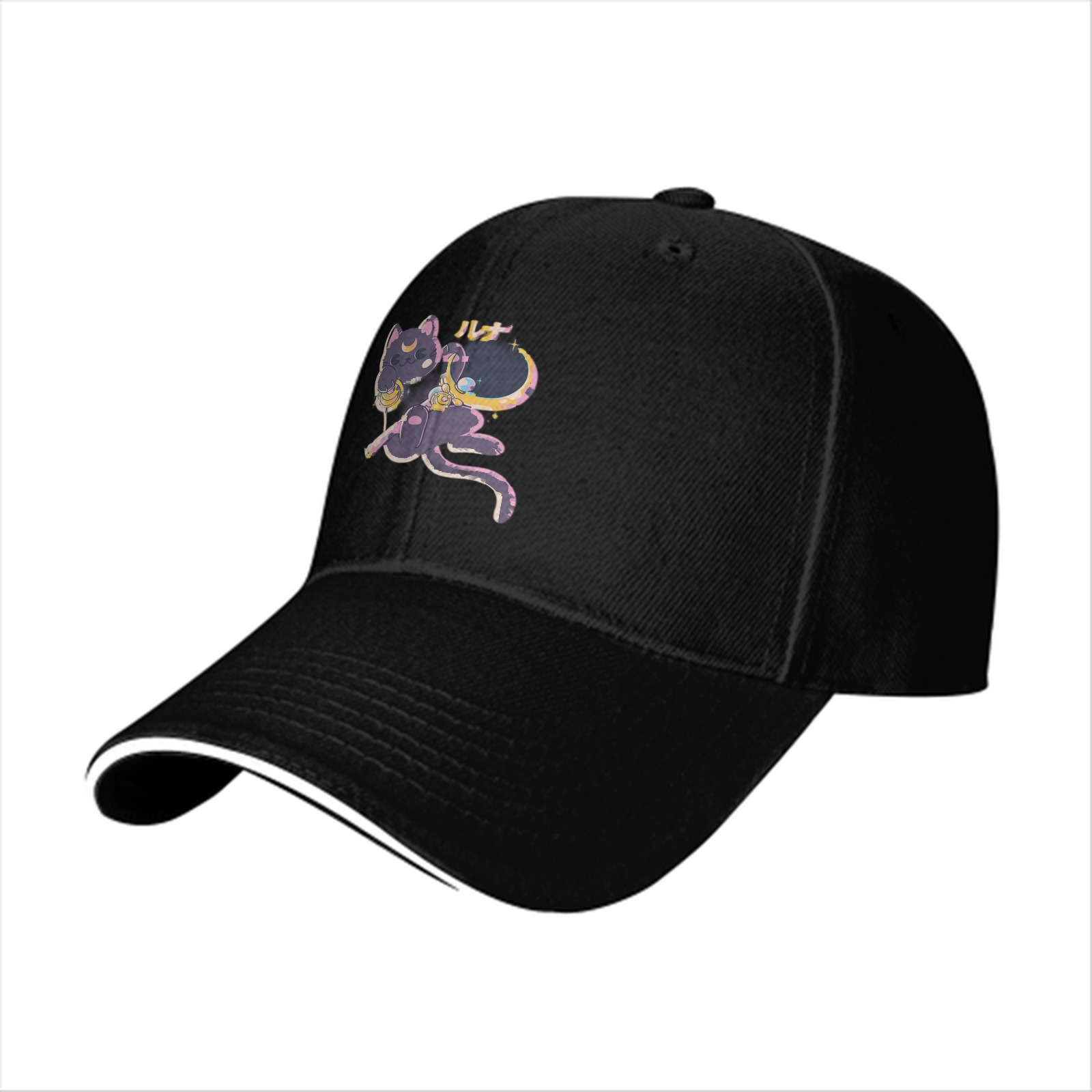 Black baseball cap with cute dark cat moon graphic