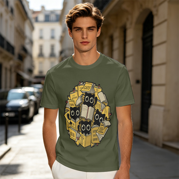 Olive T-Shirt With Black Cats Buried In Stacked Books Print
