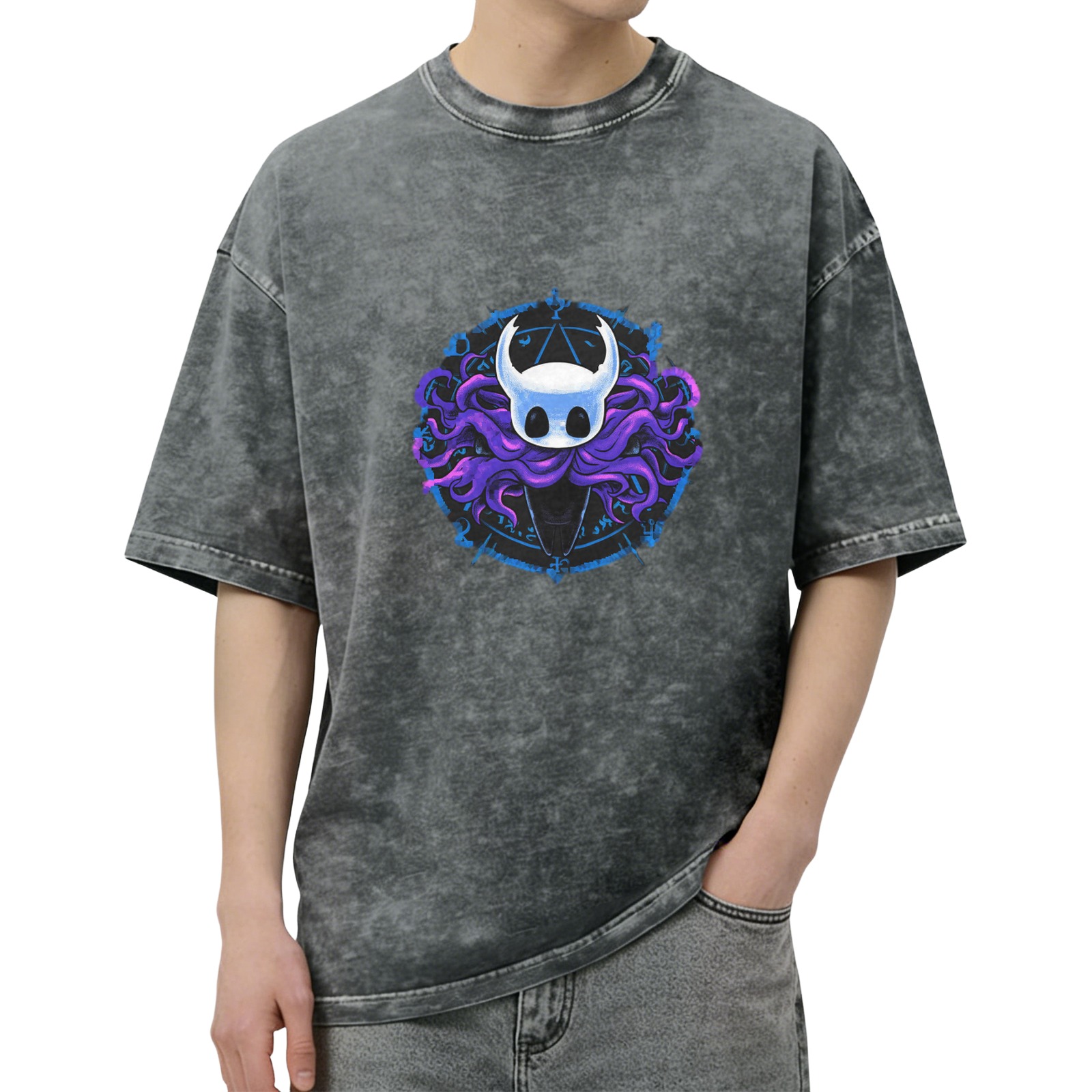 Oversized Dark Wash T-Shirt With Hollow Knight Tentacle Graphic Print