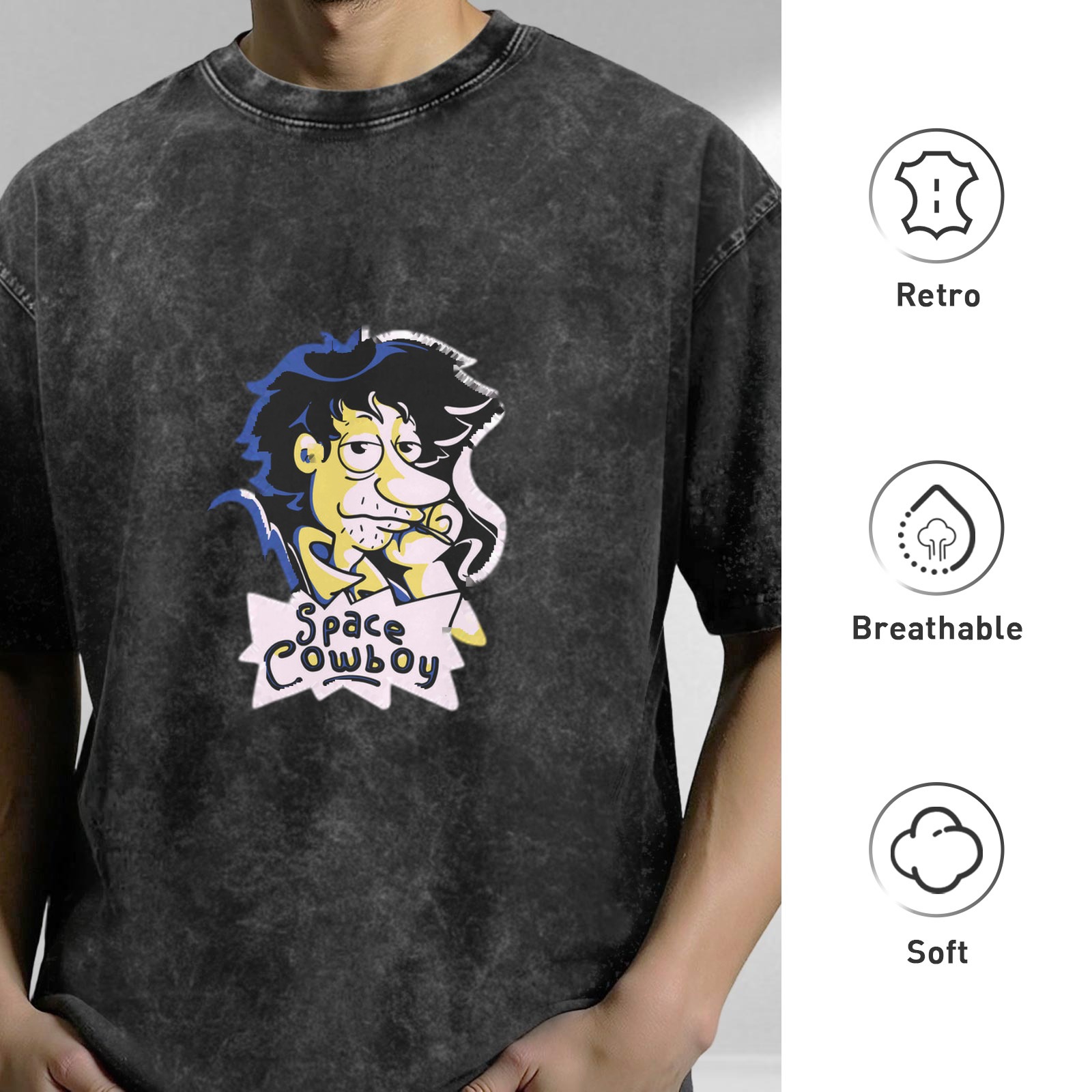 Washed Black T-Shirt with Space Cowboy Cartoon Graphic Print