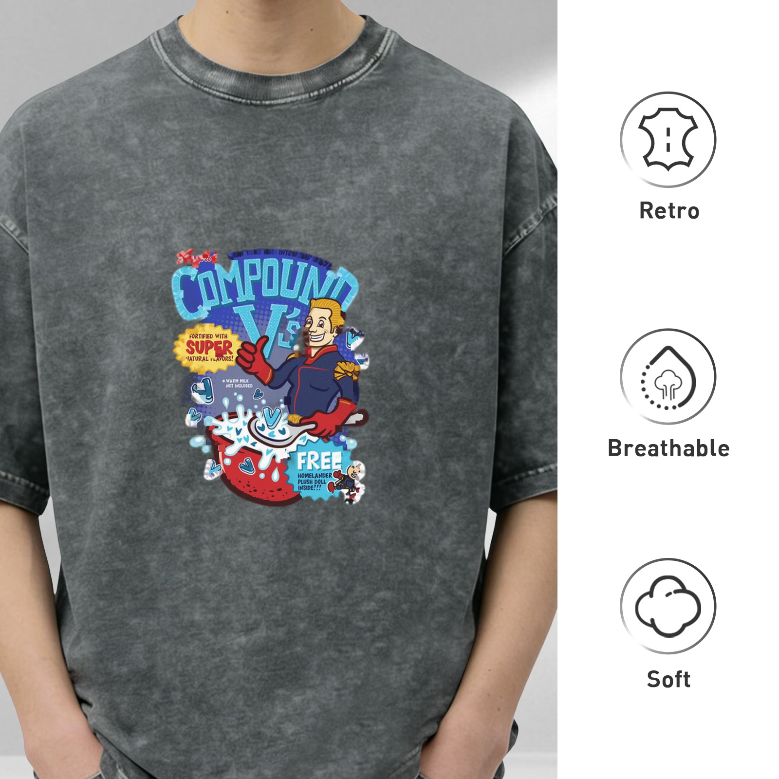 Washed black graphic t-shirt with Compound V cartoon design