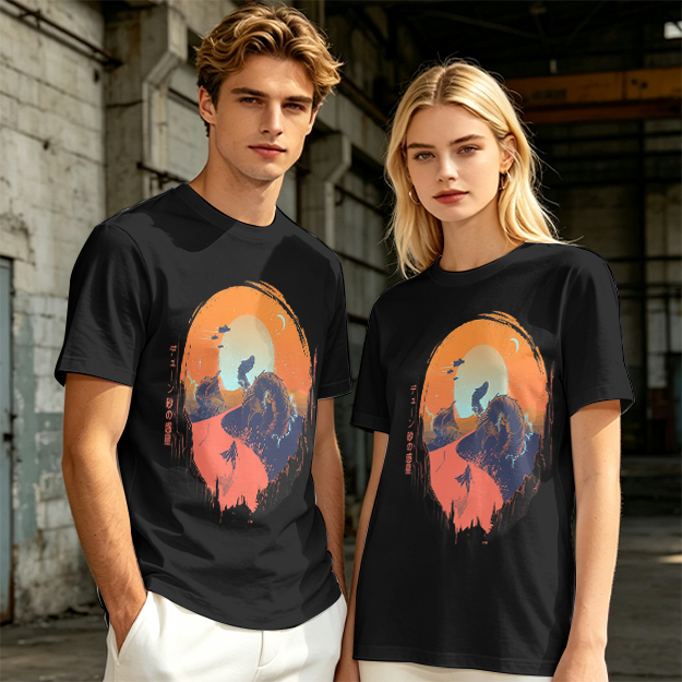 Olive T-Shirt with Sunset Mountain Wolf Silhouette Art Print