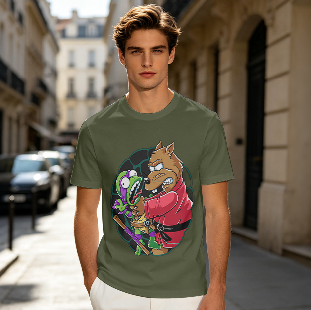 Olive T-shirt with Splinter Grabbing Donatello Ninja Turtle Art
