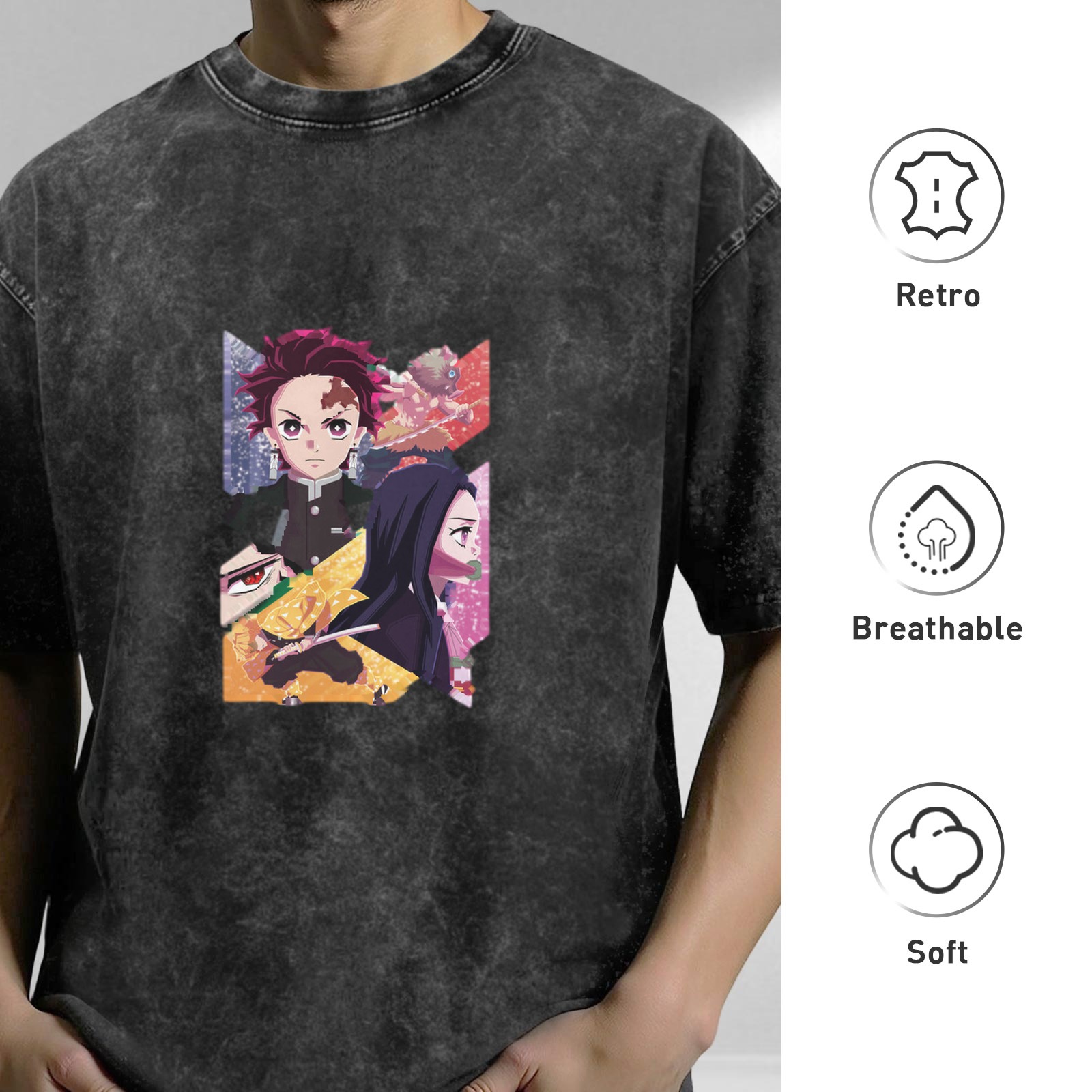 Anime Demon Slayer Tanjiro Nezuko Zenitsu Graphic Oversized Acid Wash T-Shirt for Men